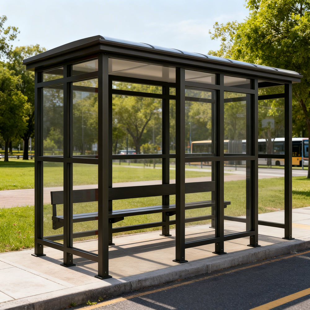 Dark steel frame and precision‑welded joints on TAIMCO bus stop shelter.