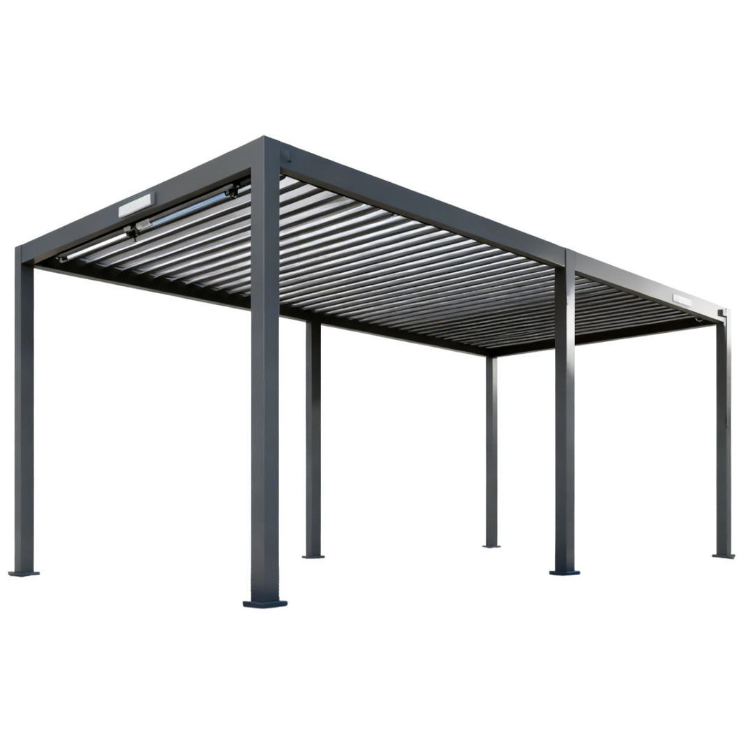 Modern free‑standing louvered pergola with adjustable roof blades