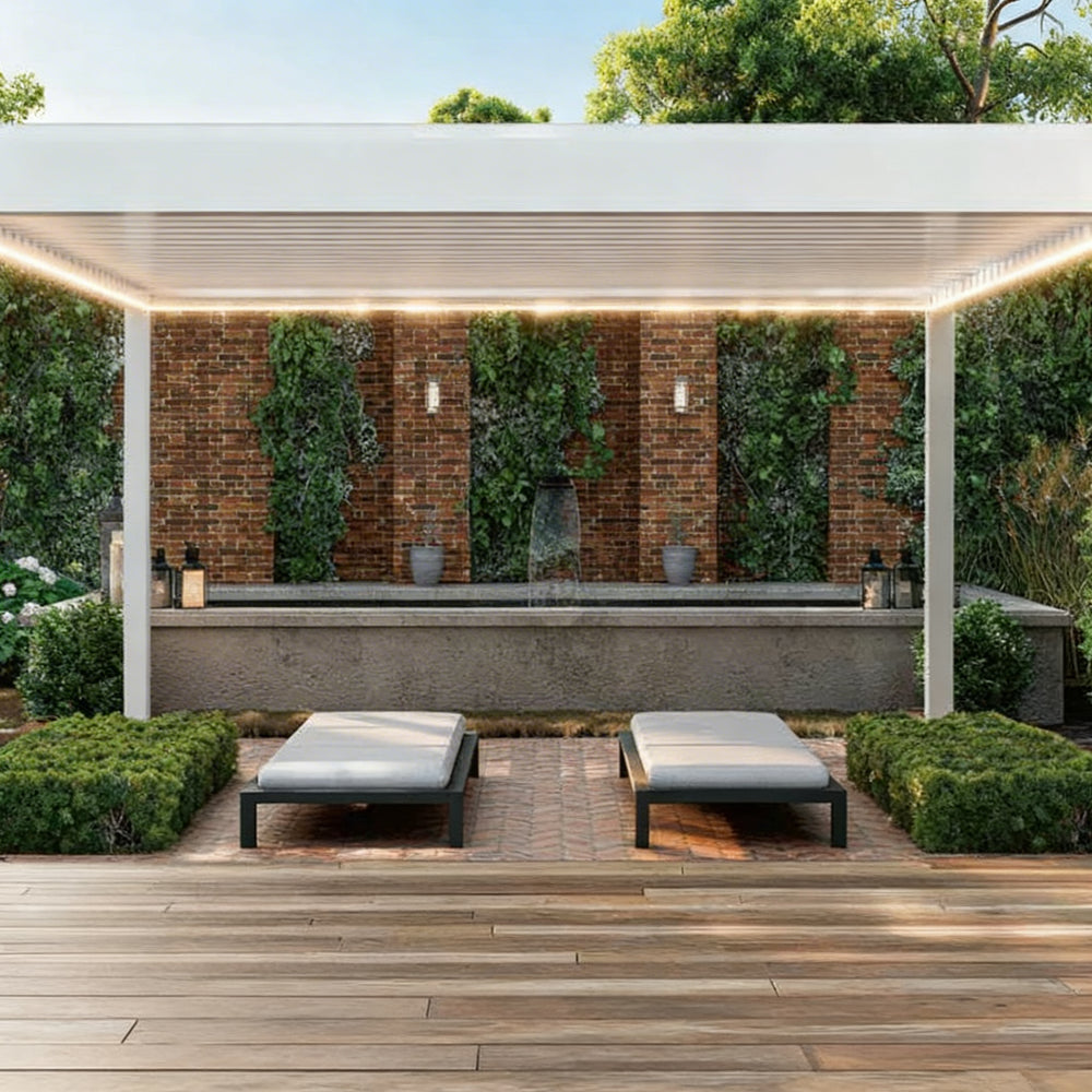 Close‑up of pergola louver blades and structural frame.