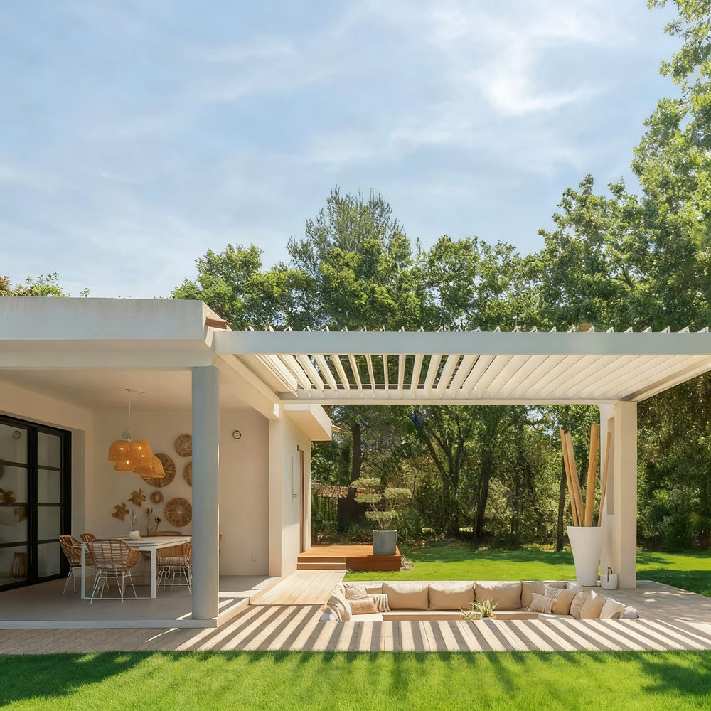 Louvered pergola casting patterned shadows on patio surface