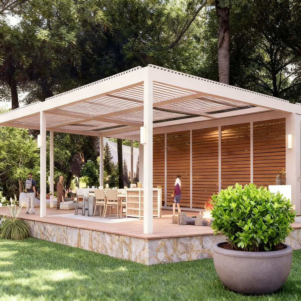 Front view of metal pergola featuring adjustable louvers