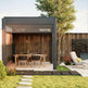 Side angle of louvered pergola with horizontal roof slats.
