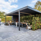 Close‑up of pergola louver blades and structural frame.