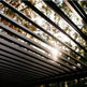 Close‑up of pergola louver blades and structural frame.