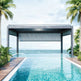 Full product view of modern pergola with slatted roof.