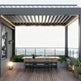 Three‑quarter view of metal pergola with open louvers