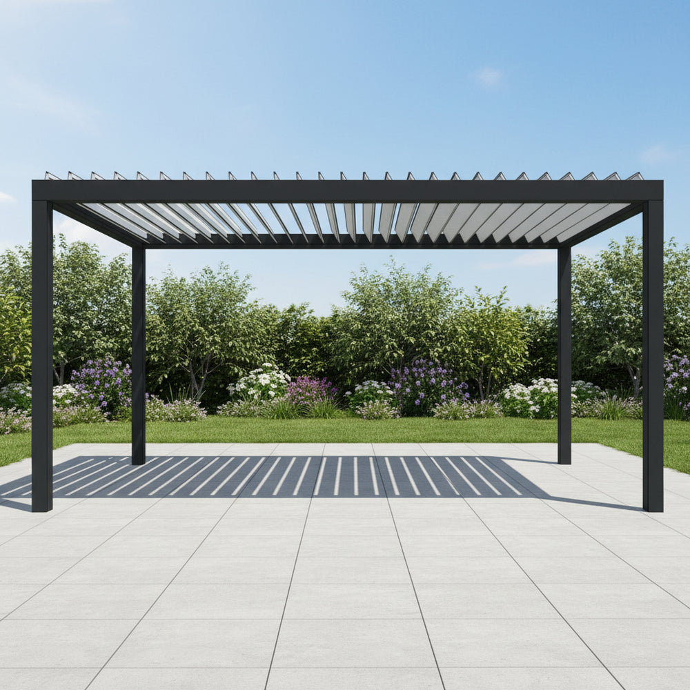 Louvered pergola casting patterned shadows on patio surface