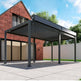 Louvered pergola casting patterned shadows on patio surface