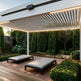 Front view of metal pergola featuring adjustable louvers