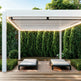 Front view of metal pergola featuring adjustable louvers