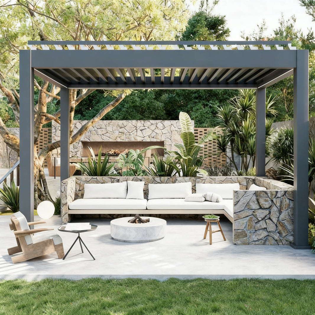 Front view of metal pergola featuring adjustable louvers