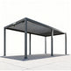 Side angle of louvered pergola with horizontal roof slats.