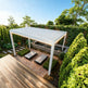 Side angle of louvered pergola with horizontal roof slats.