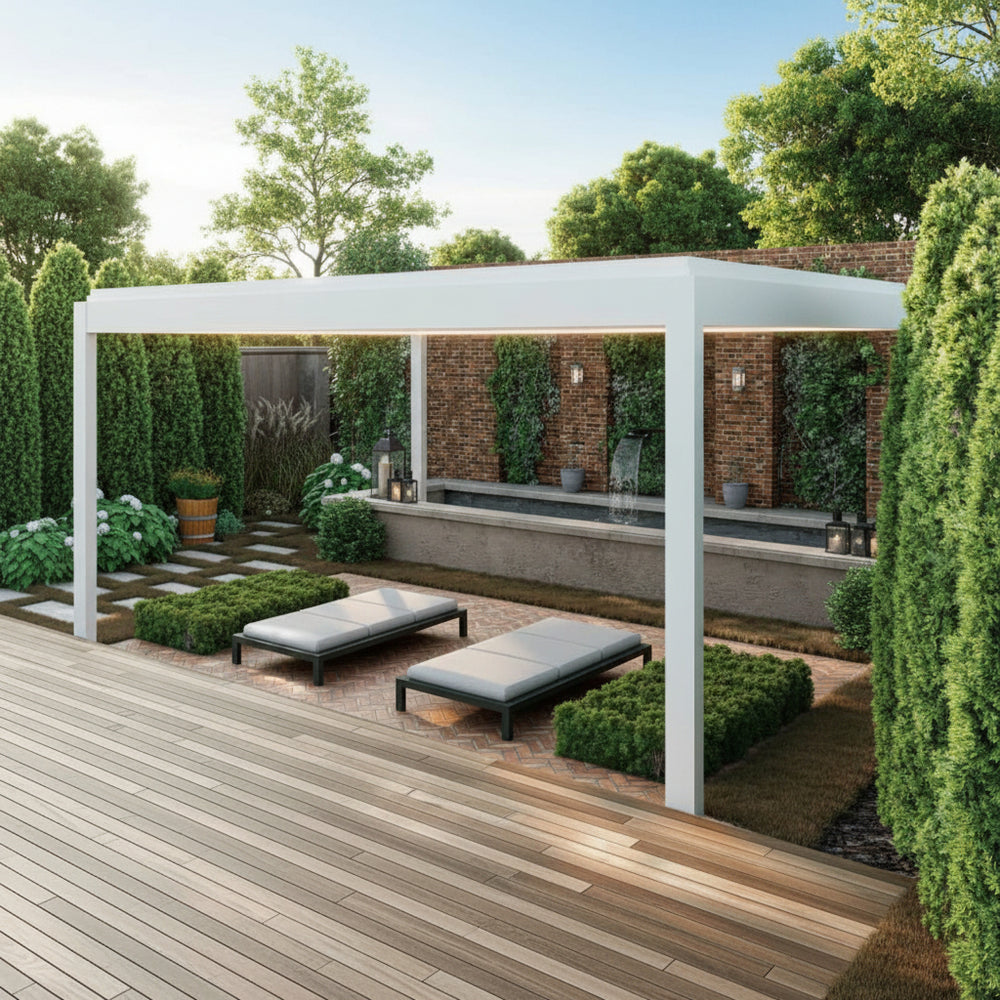 Close‑up of pergola louver blades and structural frame