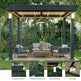 Patio with pergola, outdoor furniture, and decorative elements in a garden setting.