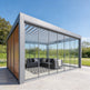 Front view of metal pergola featuring adjustable louvers