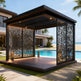 Side angle of pergola featuring laser‑cut privacy panel