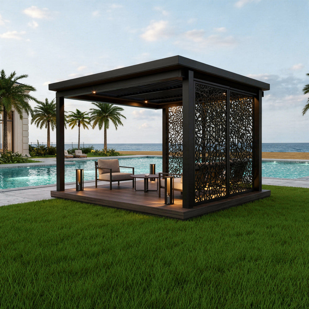 Modern outdoor gazebo with seating area by a pool and ocean view