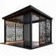 Full product view of modern pergola with slatted roof and screen panel