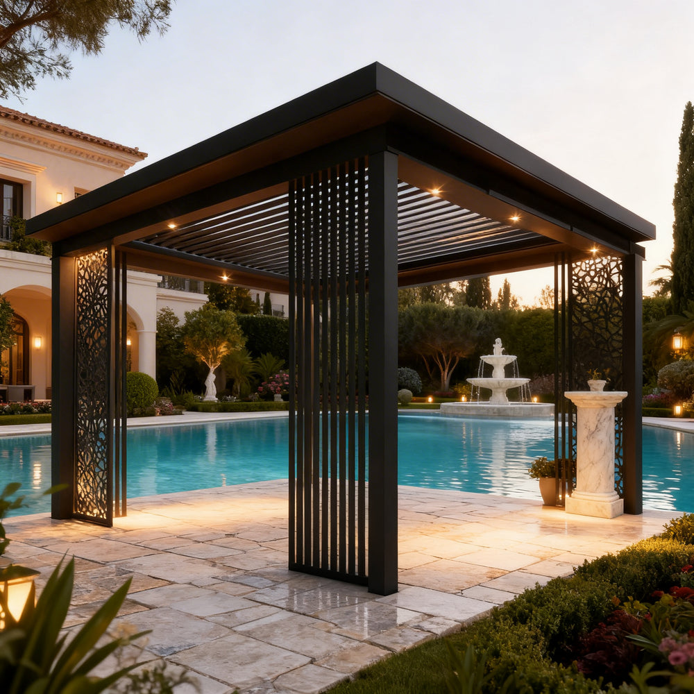 Side angle of pergola featuring laser‑cut privacy panel
