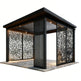 Full product view of modern pergola with slatted roof and screen panel