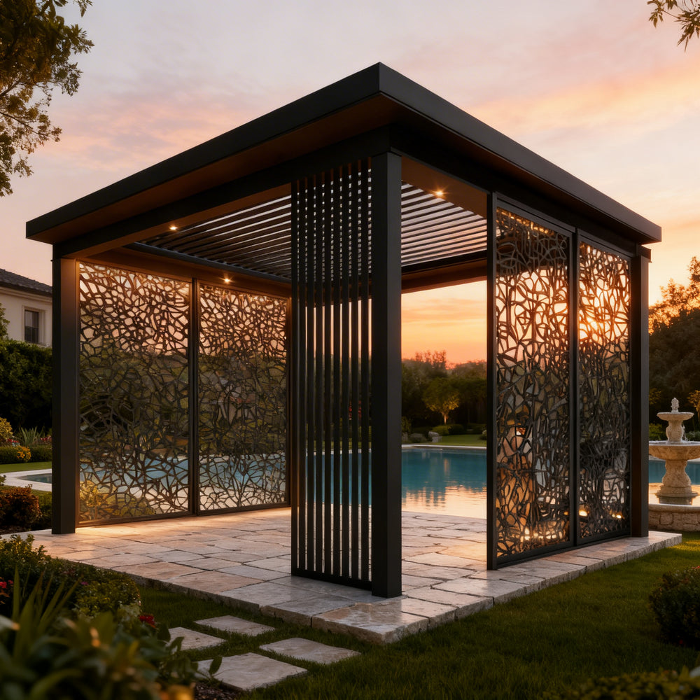 Louvered pergola casting patterned shadows from privacy panel