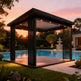 Modern louvered pergola with LED lighting and decorative privacy screen