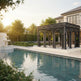 Full product view of rectangular steel pergola with classical design