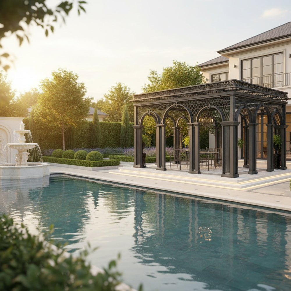 Full product view of rectangular steel pergola with classical design