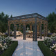 Side angle of steel pavilion featuring lattice infill panels