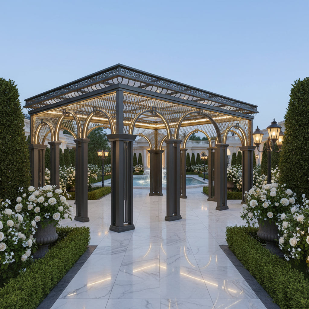 Front view of decorative metal pergola with tall arched columns