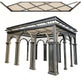 Side angle of steel pavilion featuring lattice infill panels