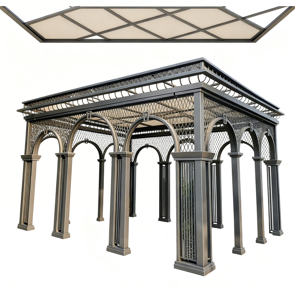 Side angle of steel pavilion featuring lattice infill panels