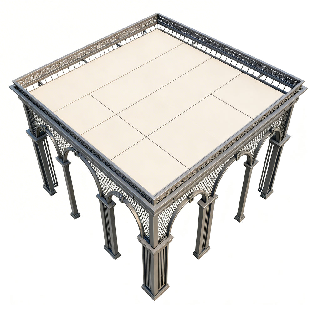 Close‑up of ornamental steel arches and decorative roof detailing.