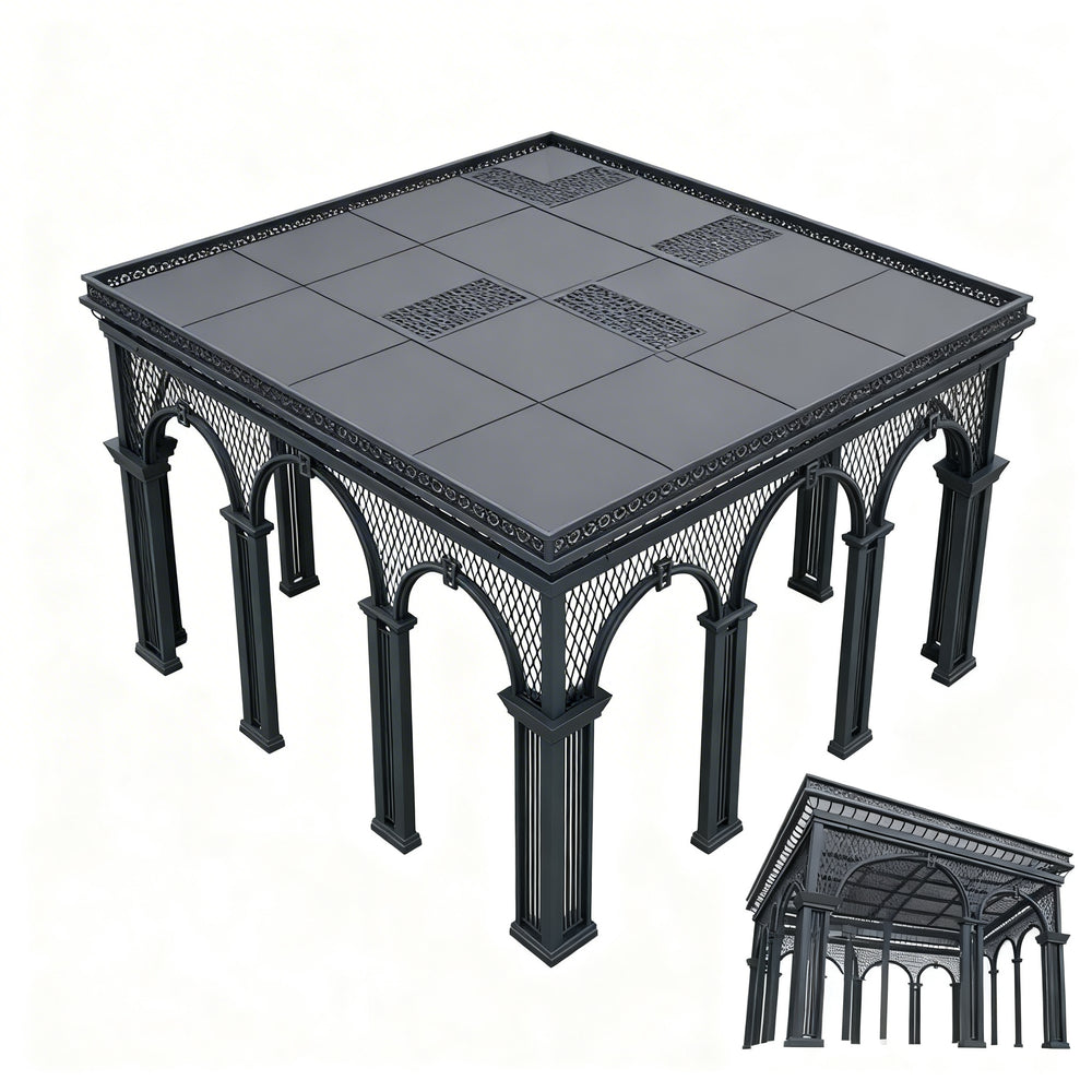 Close‑up of ornamental steel arches and decorative roof detailing.