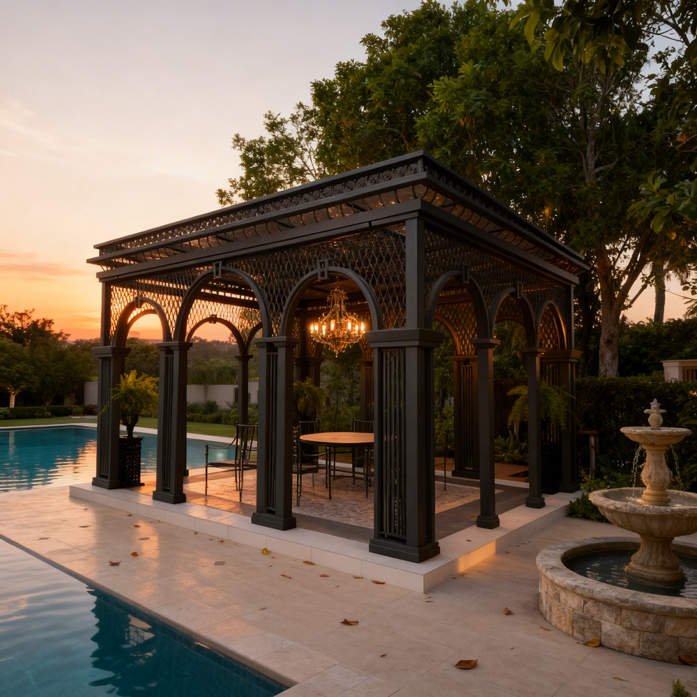 Architectural steel pergola with arched openings and modern finish