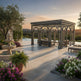 Ornamental steel pergola pavilion with arched openings and lattice panels