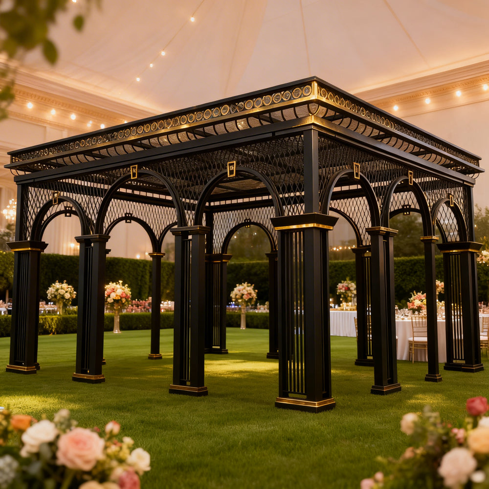 Front view of decorative metal pergola with tall arched columns