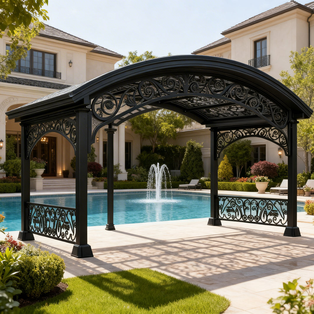 Front view of wrought‑iron style pergola with intricate metalwork