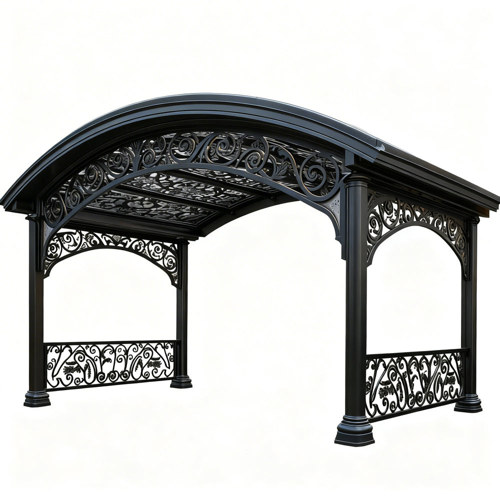 Architectural steel pergola with classical wrought‑iron styling