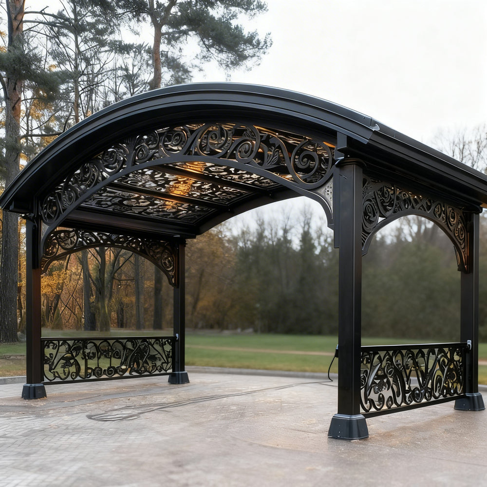 Decorative black metal gazebo with intricate designs in an outdoor setting.