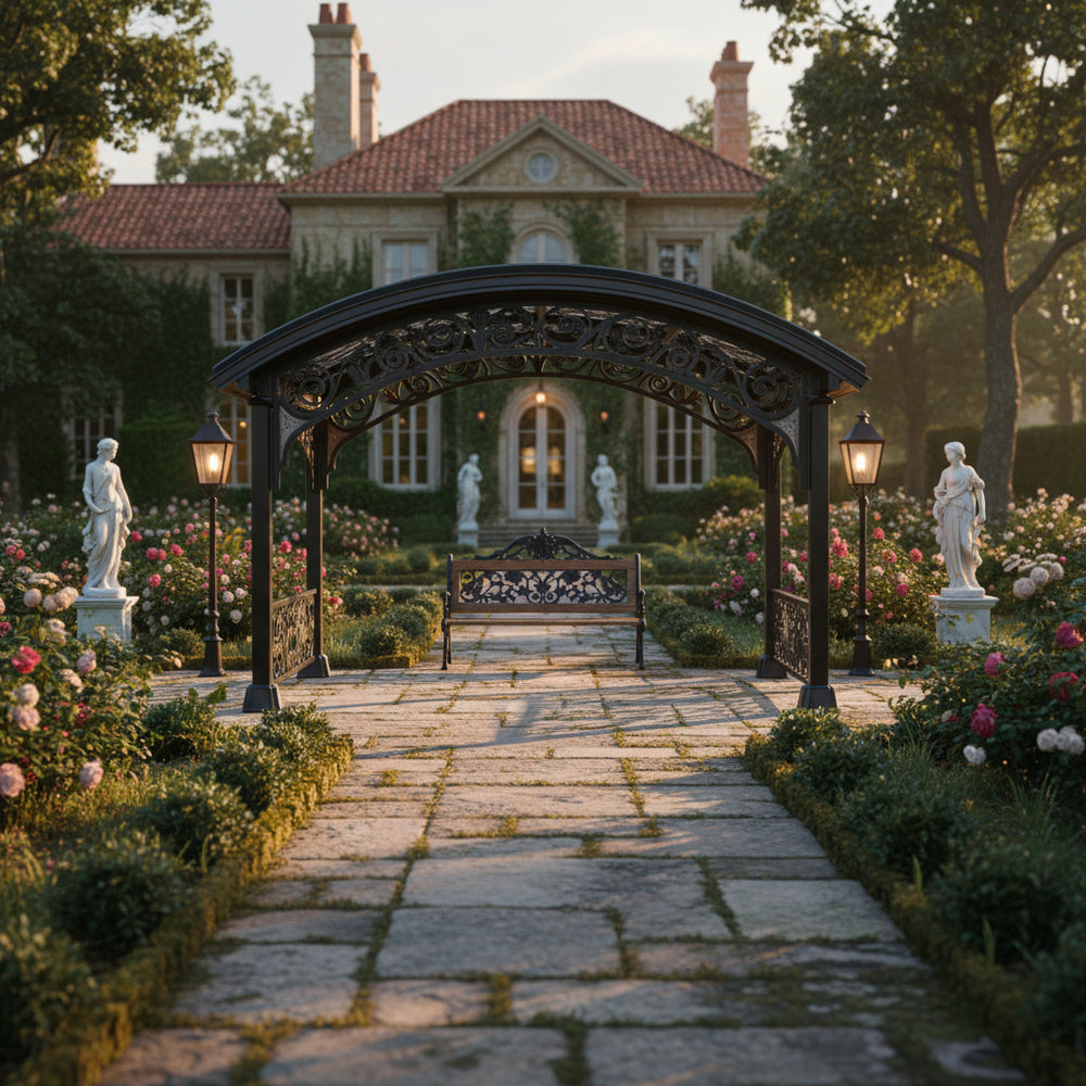 Garden pathway with an ornate gazebo, statues, and flowers leading to a house.