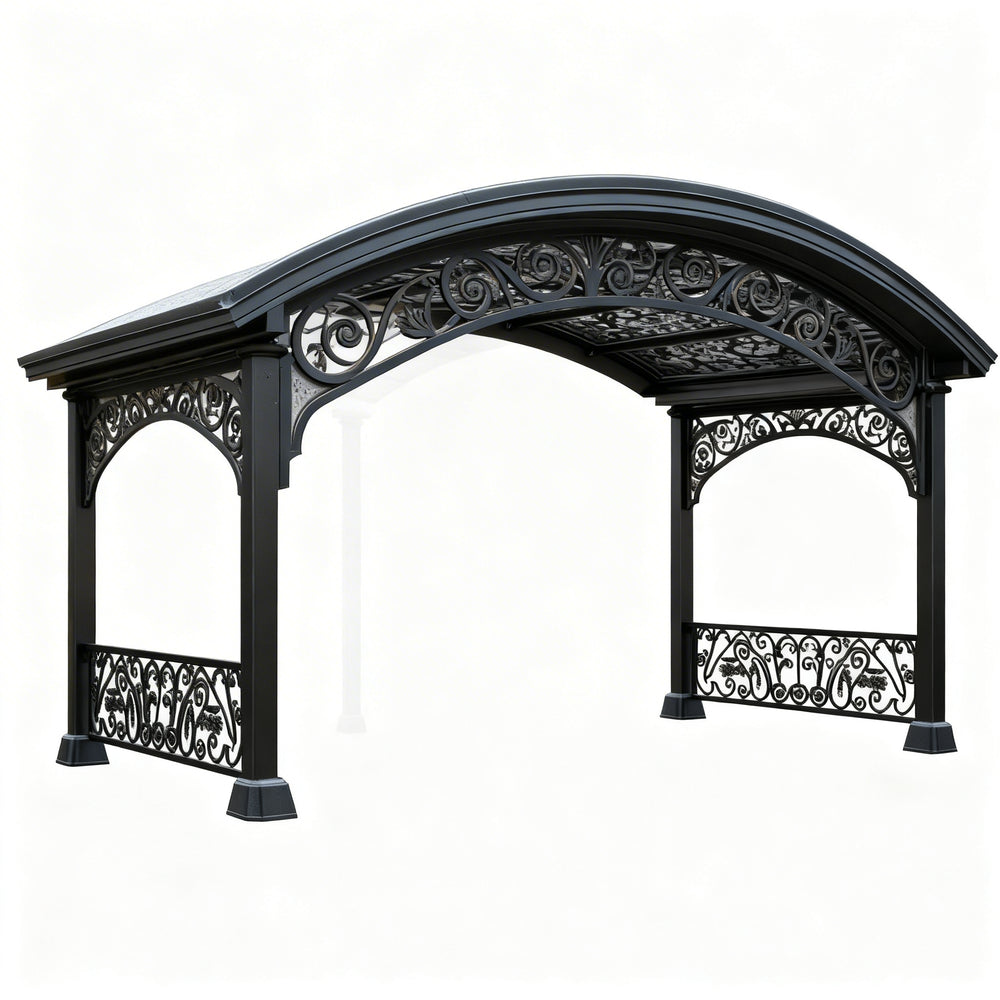 Three‑quarter view of steel pergola with ornate detailing