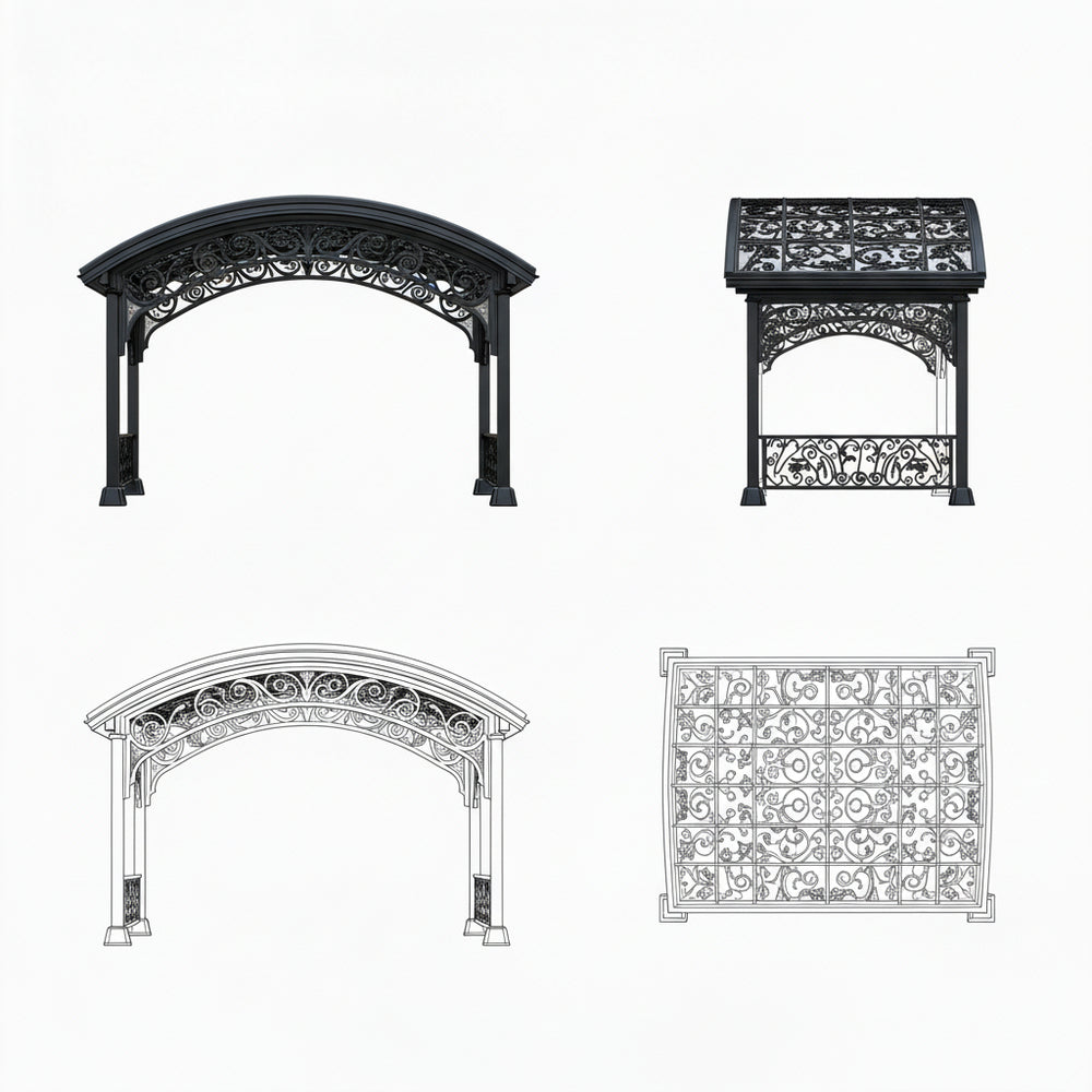 Detail shot of scrollwork panel and steel column connections