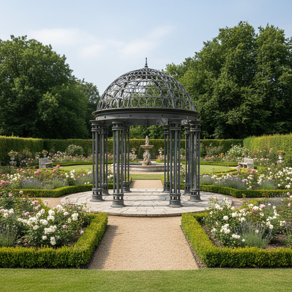 Ornate garden gazebo in a well-maintained garden with flowers and trees.