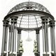 Side angle of steel pavilion featuring cylindrical columns