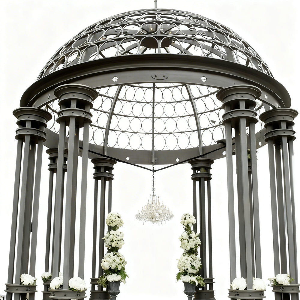 Side angle of steel pavilion featuring cylindrical columns