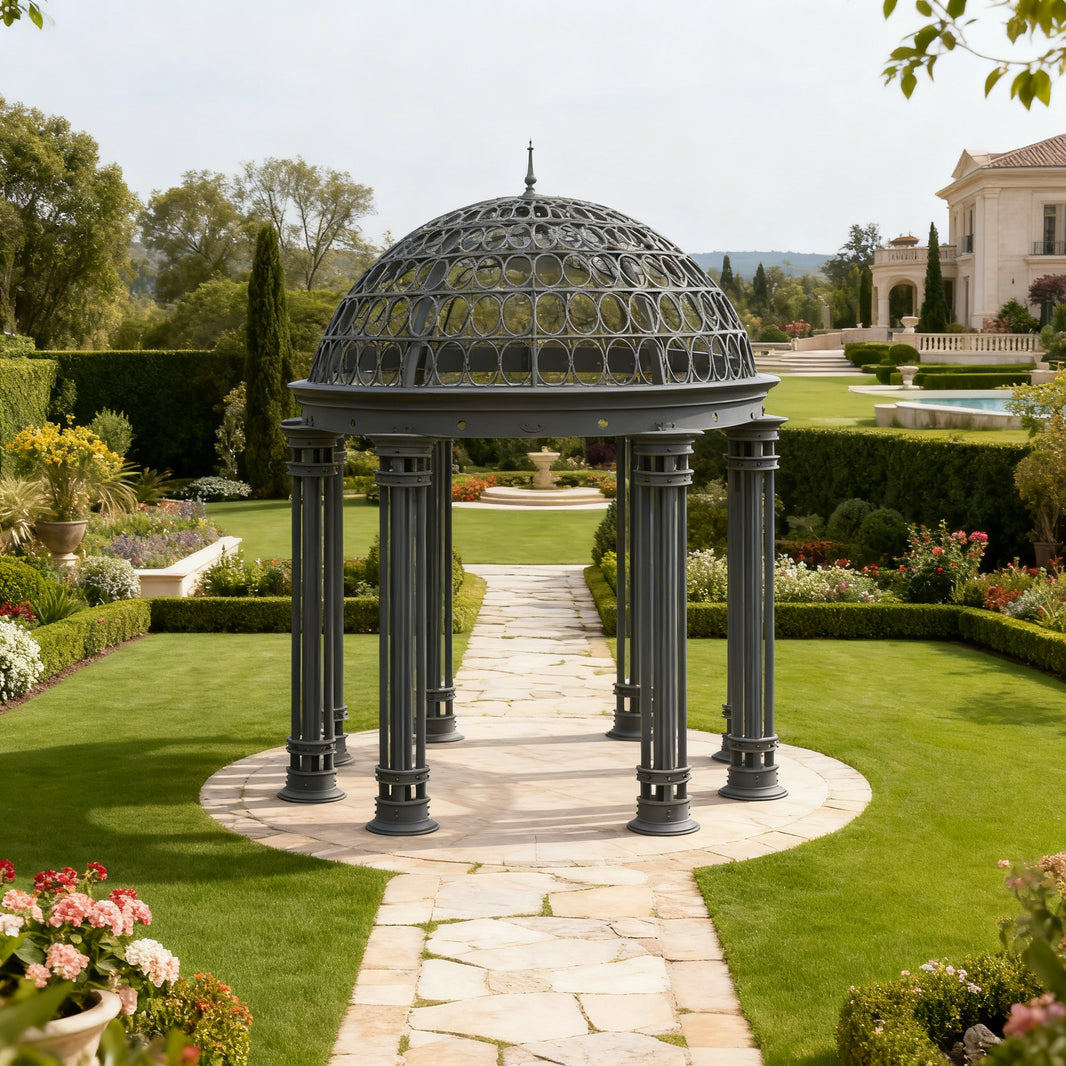 Front view of ornamental metal dome structure with decorative patterns