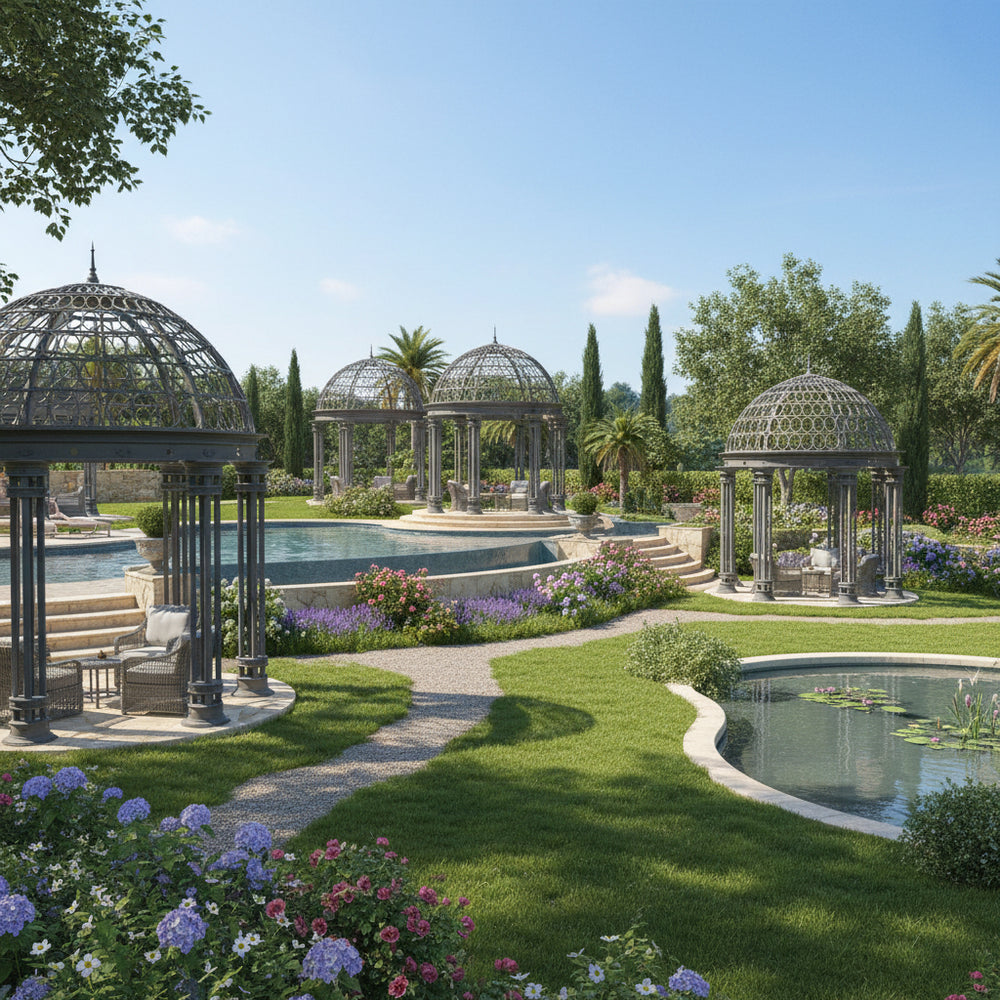 Full product view of circular steel pavilion with ornamental dome