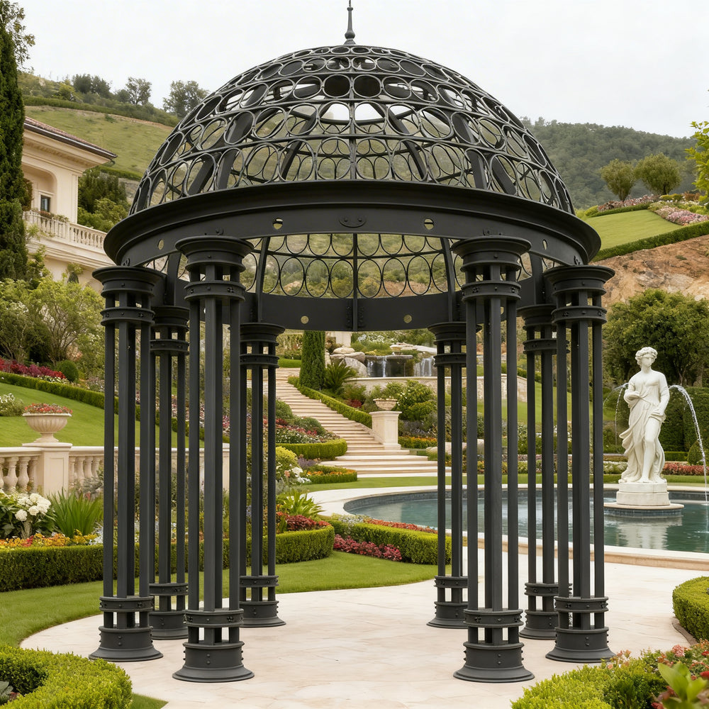 Three‑quarter view of steel dome pavilion in outdoor setting